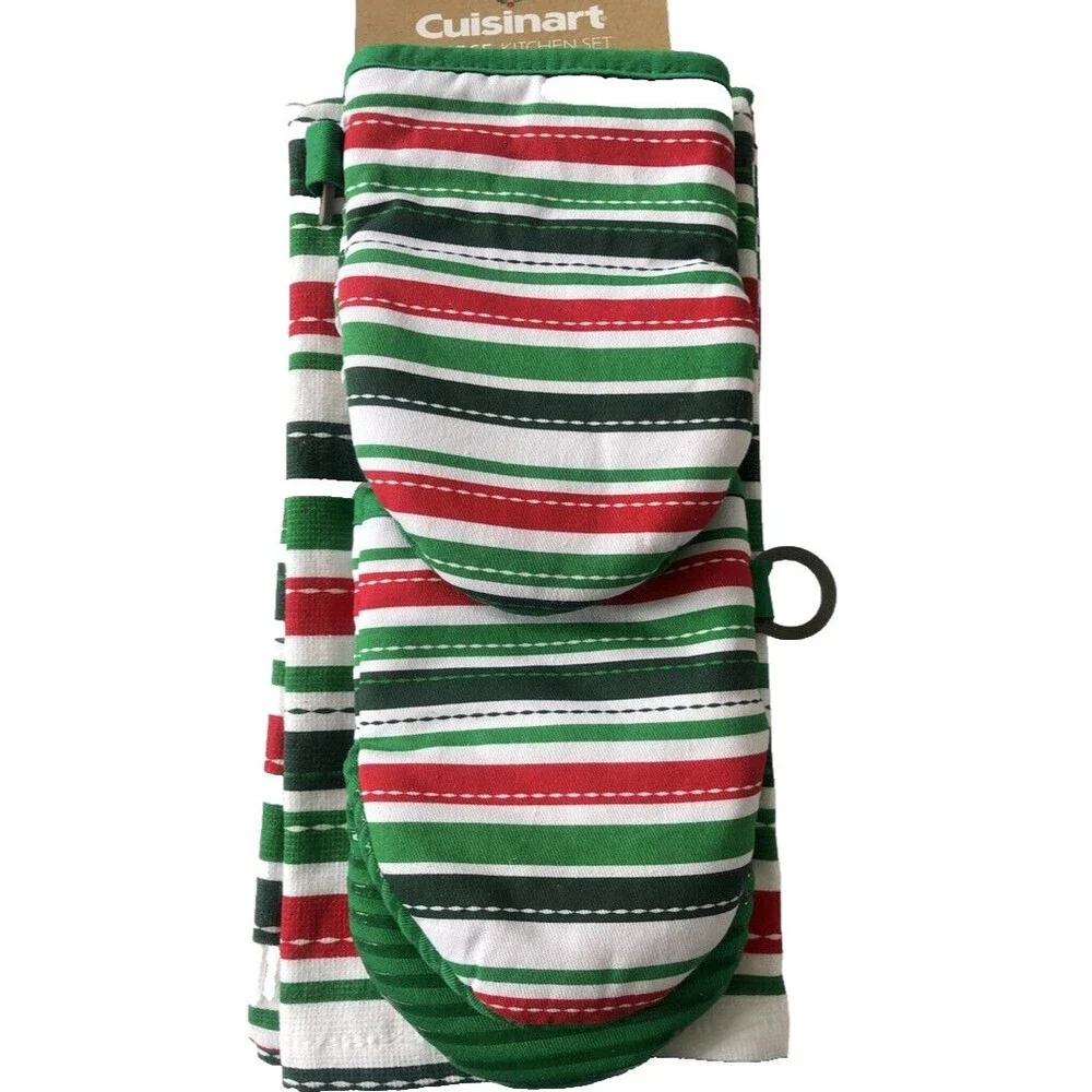 Cuisinart 2 Mini Oven Mitts 2 Dish Towels Red White Green Neoprene Set of 4